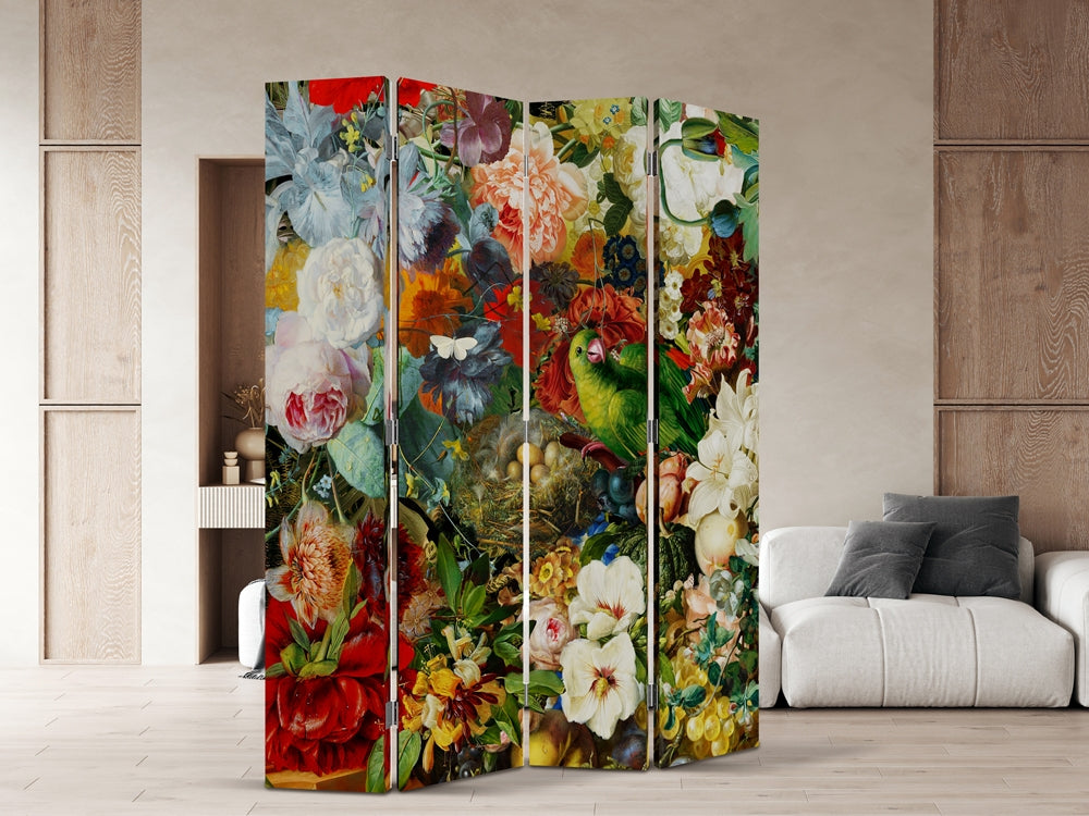 Raumteiler/Paravent | digital bedruckte Leinwand auf Massivholz | Tiger & Blumen - houseofhome24