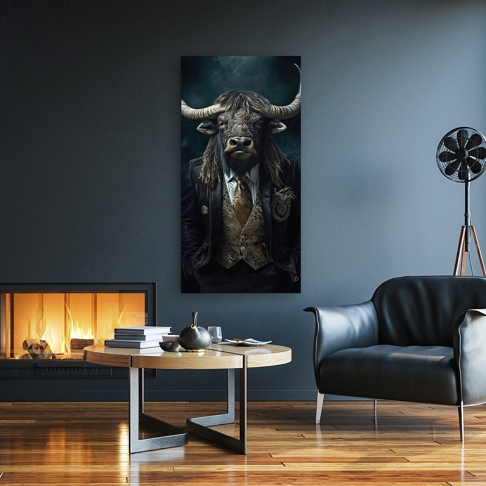 Digitaldruck-Wandbild auf Sicherheitsglas „Gentleman Bull“ | Rahmenloses Wandbild