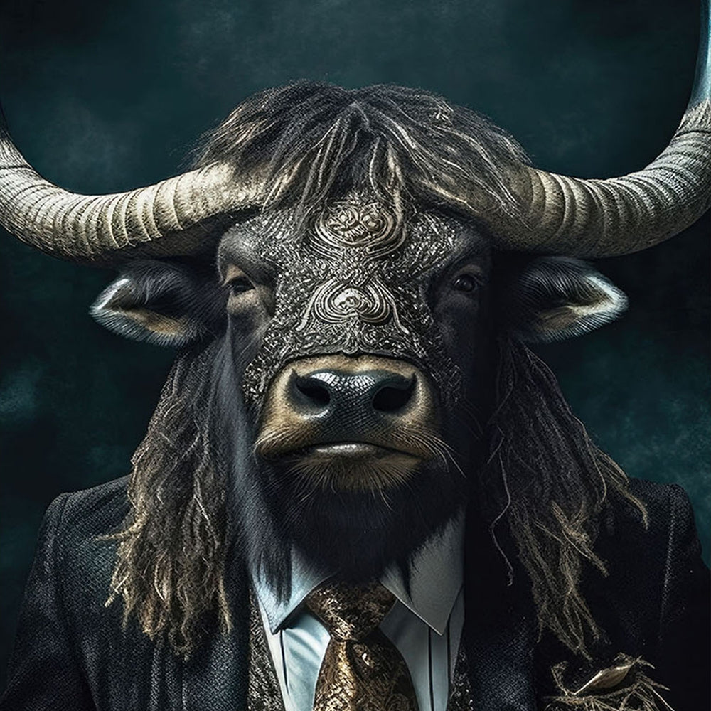 Digitaldruck-Wandbild auf Sicherheitsglas „Gentleman Bull“ | Rahmenloses Wandbild