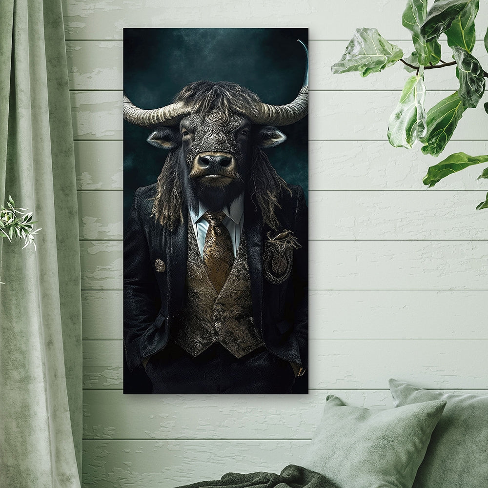 Digitaldruck-Wandbild auf Sicherheitsglas „Gentleman Bull“ | Rahmenloses Wandbild