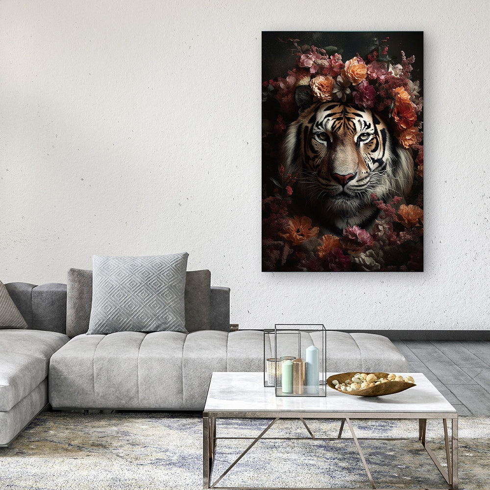 Digitaldruck-Wandbild auf Sicherheitsglas „Tiger flowers“ | Rahmenloses Wandbild