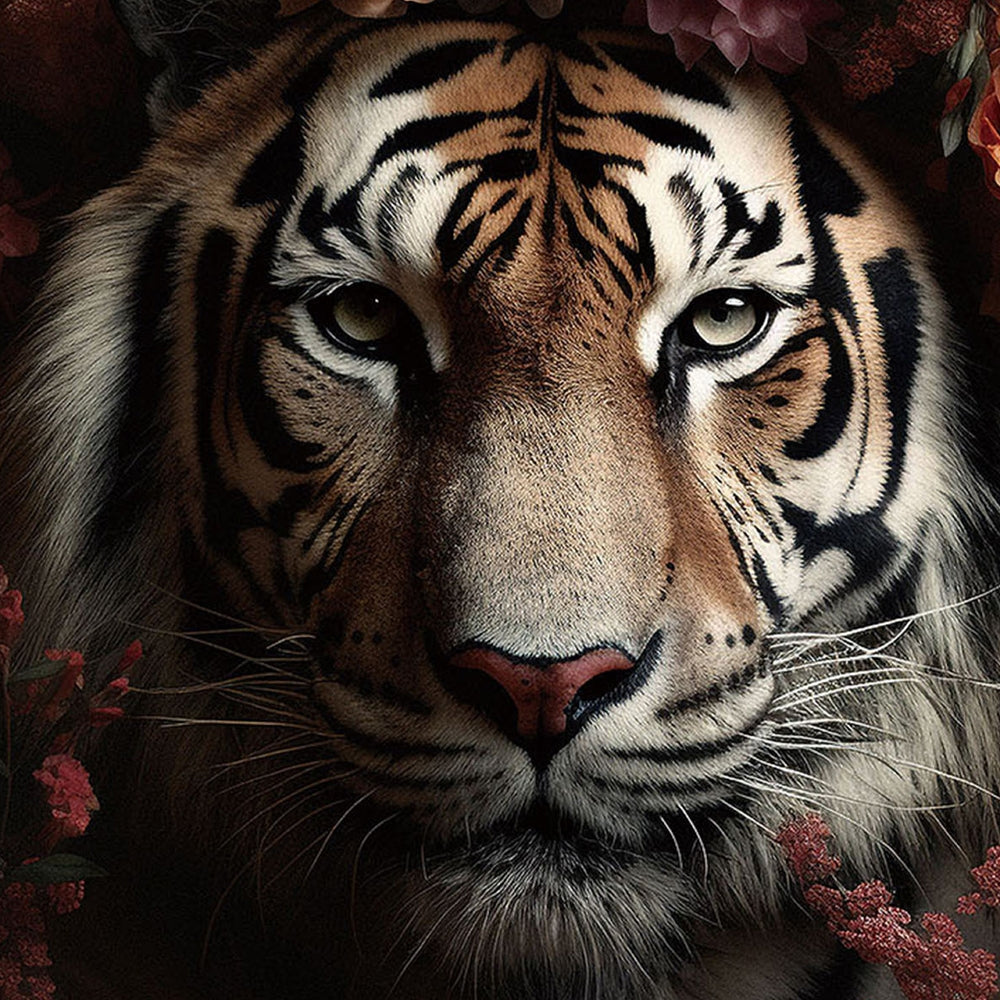 Digitaldruck-Wandbild auf Sicherheitsglas „Tiger flowers“ | Rahmenloses Wandbild