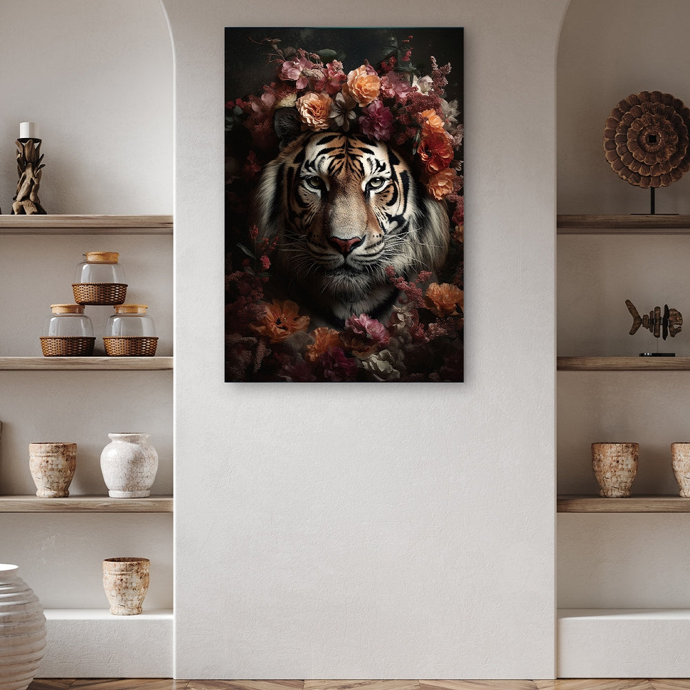 Digitaldruck-Wandbild auf Sicherheitsglas „Tiger flowers“ | Rahmenloses Wandbild