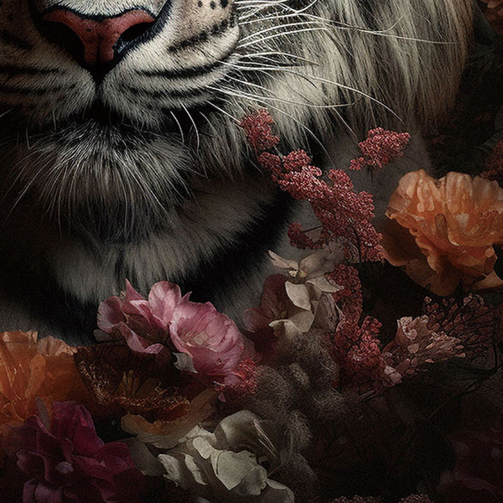 Digitaldruck-Wandbild auf Sicherheitsglas „Tiger flowers“ | Rahmenloses Wandbild