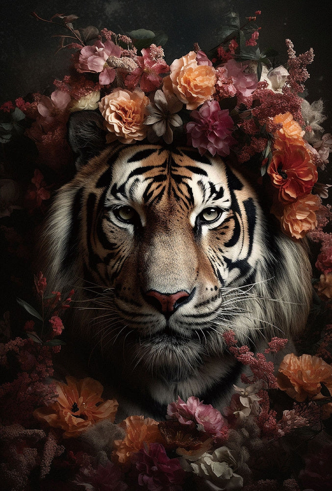 Digitaldruck-Wandbild auf Sicherheitsglas „Tiger flowers“ | Rahmenloses Wandbild