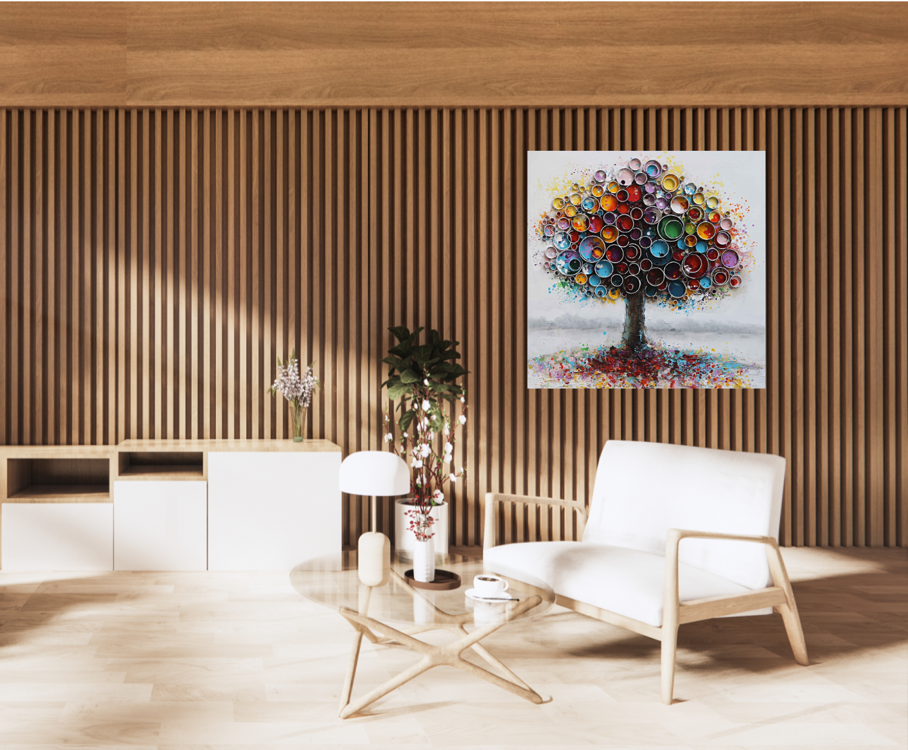 Handgemaltes 3D-Acryl-Gemälde „Bunter Baum“ | Wandbild aus Canvas | Lebensbaum mit 3D Ringe - houseofhome24