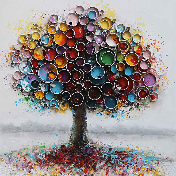 Handgemaltes 3D-Acryl-Gemälde „Bunter Baum“ | Wandbild aus Canvas | Lebensbaum mit 3D Ringe - houseofhome24