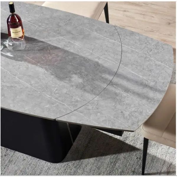 Ausziehbarer Esstisch mit gesinterter Dekton Steinplatte 12 mm in Weiß/Schwarz/Grau 160-240x90x77 cm | Drehbares Auszugsystem Esszimmertisch mit dickem Tischbein und Marmorplatte - houseofhome24
