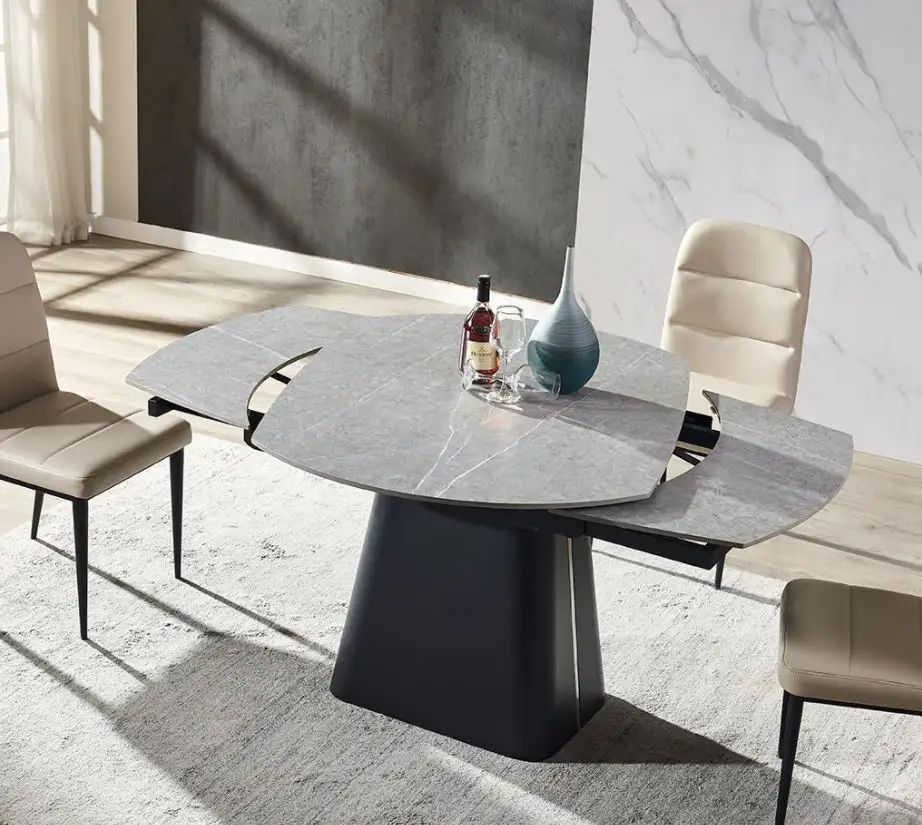 Ausziehbarer Esstisch mit gesinterter Dekton Steinplatte 12 mm in Weiß/Schwarz/Grau 160-240x90x77 cm | Drehbares Auszugsystem Esszimmertisch mit dickem Tischbein und Marmorplatte - houseofhome24