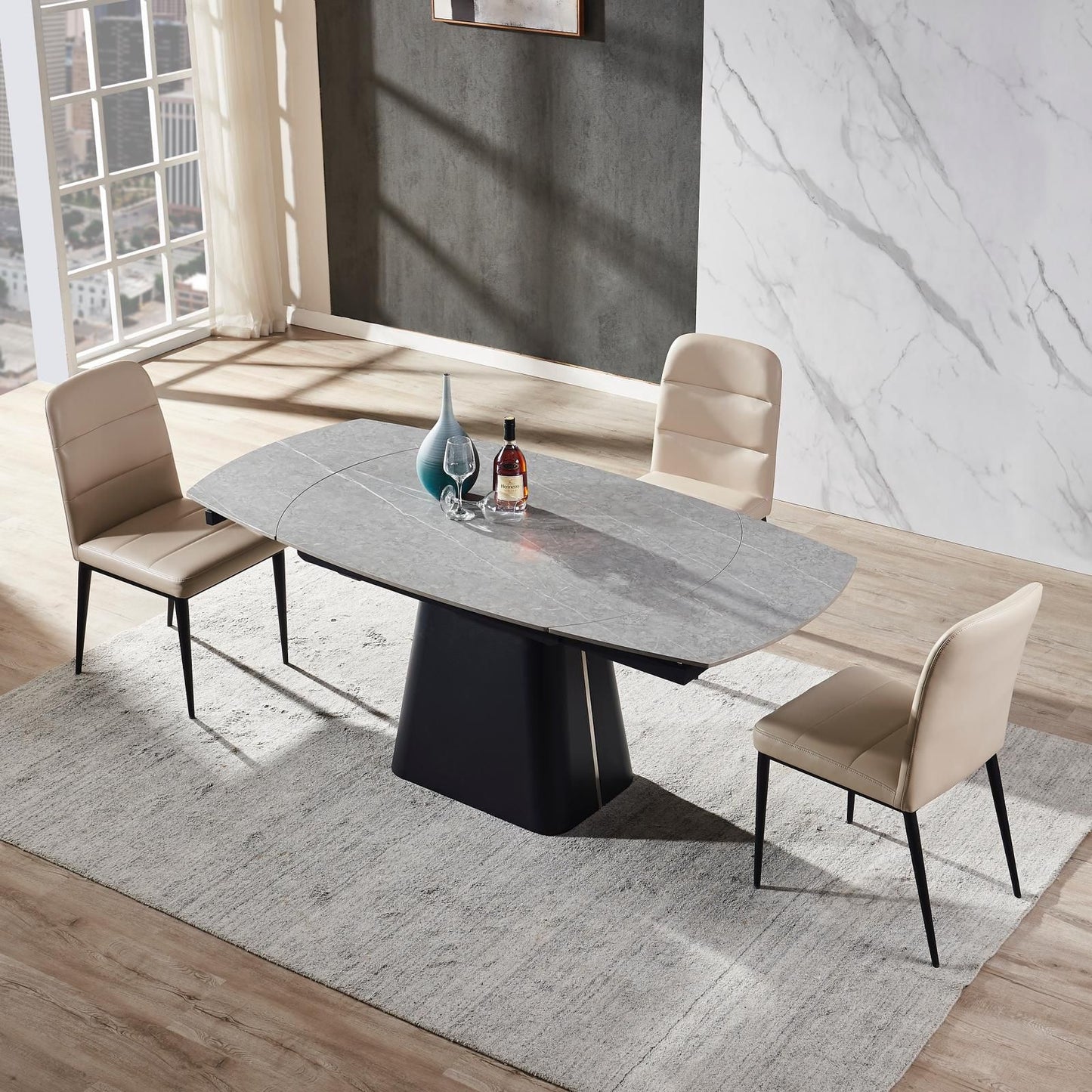 Ausziehbarer Esstisch mit gesinterter Dekton Steinplatte 12 mm in Weiß/Schwarz/Grau 160-240x90x77 cm | Drehbares Auszugsystem Esszimmertisch mit dickem Tischbein und Marmorplatte - houseofhome24