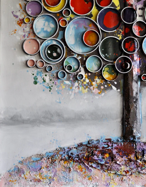 Handgemaltes 3D-Acryl-Gemälde „Bunter Baum“ | Wandbild aus Canvas | Lebensbaum mit 3D Ringe - houseofhome24