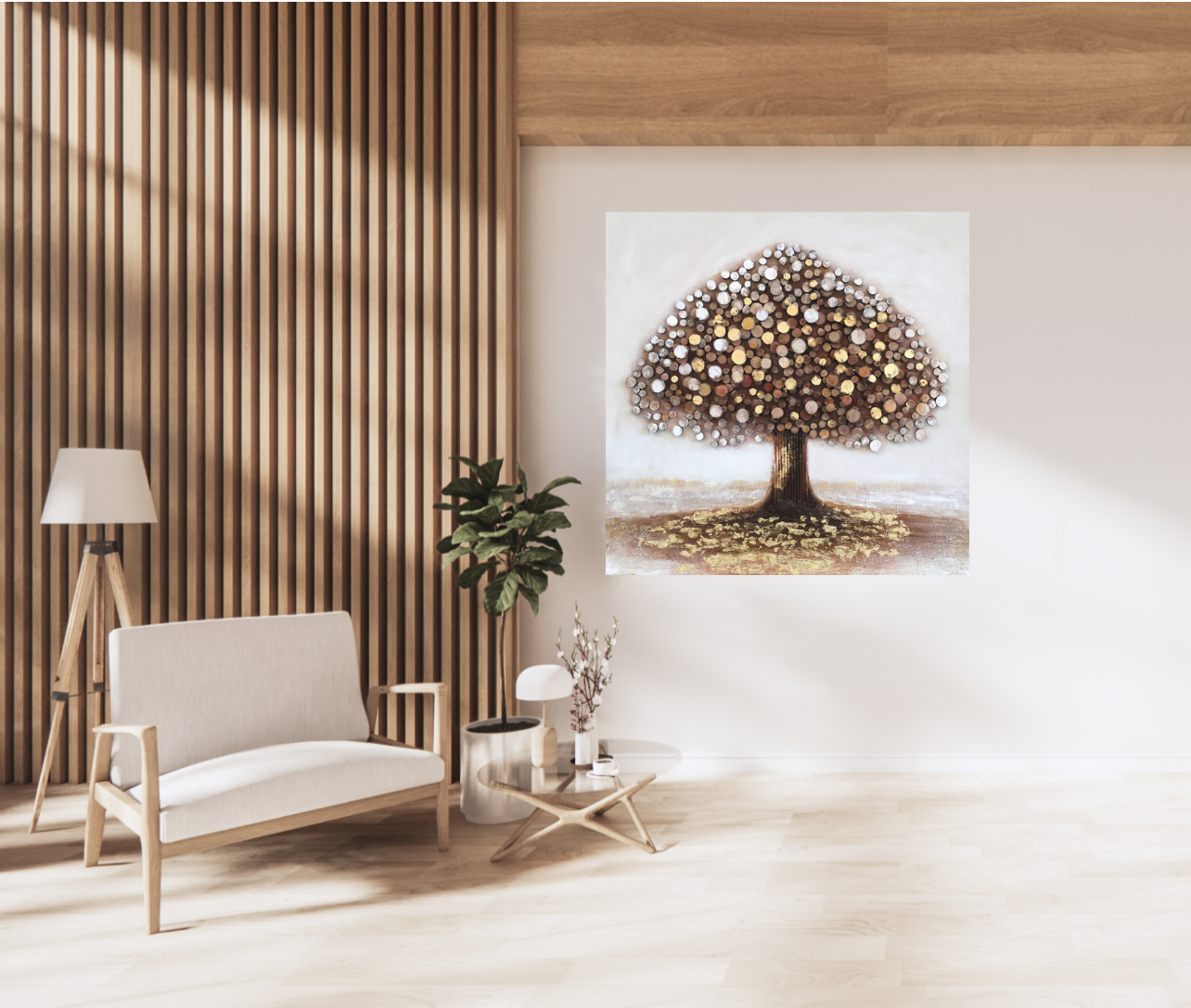 Handgemaltes 3D-Acryl-Gemälde „Holzstamm Lebensbaum“ | Wandbild aus Canvas | Goldener Lebensbaum mit Holzscheiben - houseofhome24