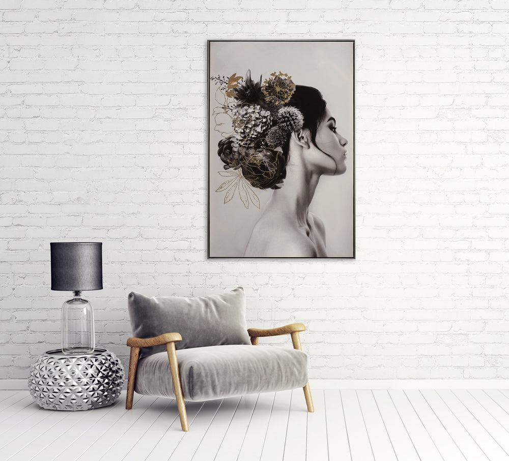 Giclée-/ Acrylgemälde auf Leinwand „Dame mit schwarzem Haar und Blumen“ - houseofhome24