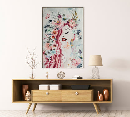 Giclée-/ Acrylgemälde auf Leinwand „Modische Dame mit Blumen“ - houseofhome24