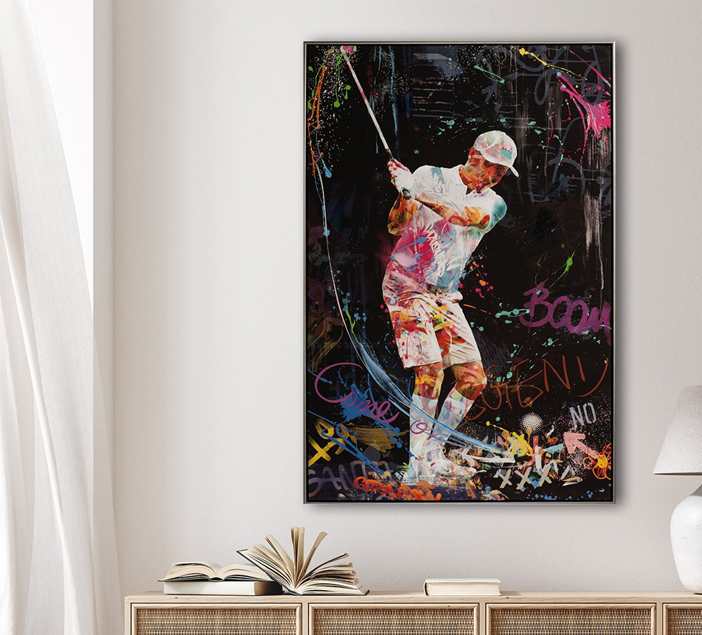 Acrylbild auf Leinwand Glicée Wandbild „Street Golf BOOM“ | gerahmtes Streetart-Gemälde für moderne Wonzimmer oder Büros - houseofhome24