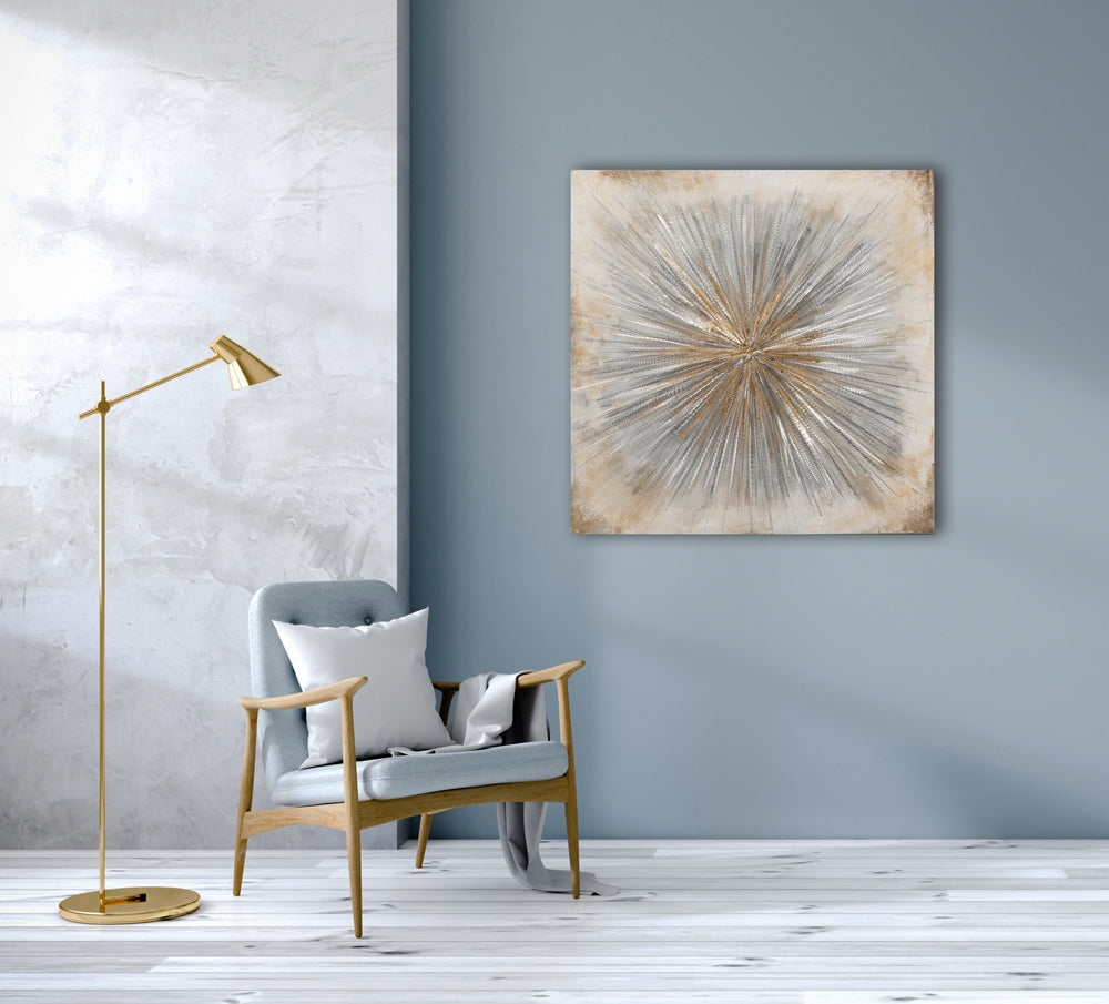 Inspirierendes Acrylgemälde „Sonne in Gold und Silber“ auf Holzrahmen | gerahmtes Leinwandgemälde mit Acrylfarbe - houseofhome24