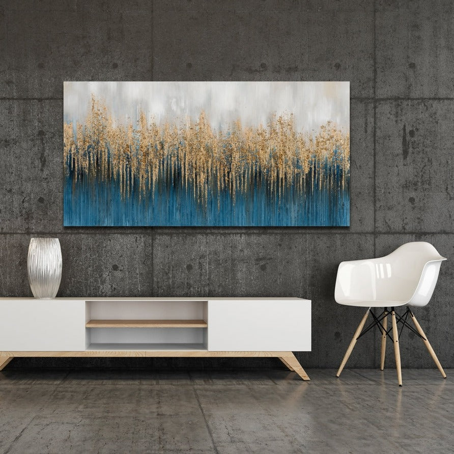 Handgemaltes Acrylgemälde auf Leinwand „Abstrakt in Blau und Gold-Glitzer“ - houseofhome24