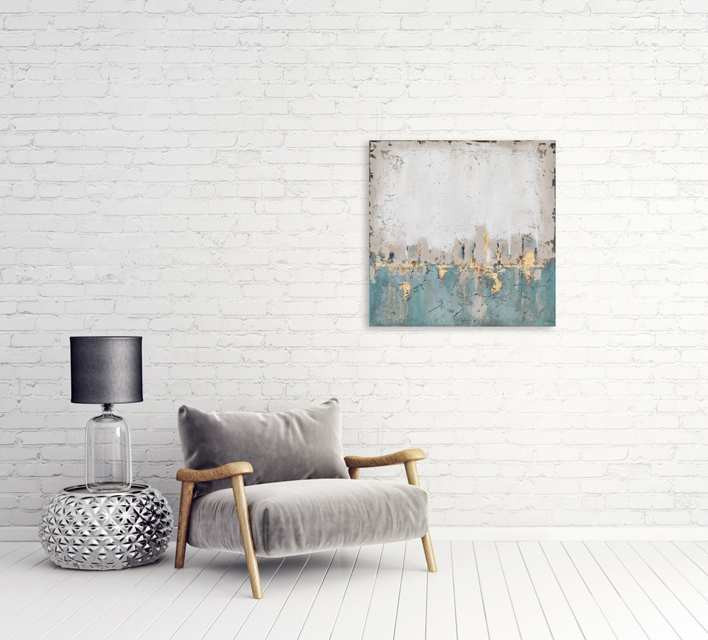 Handgemaltes Acrylgemälde auf Leinwand „Abstrakte Skyline in Türkis“ - houseofhome24