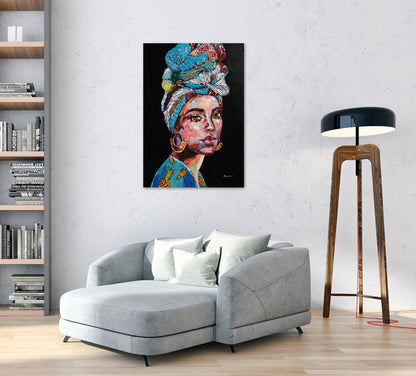 Giclée-/ Acrylgemälde auf Leinwand „Schönheit mit blauem Turban II“ - houseofhome24