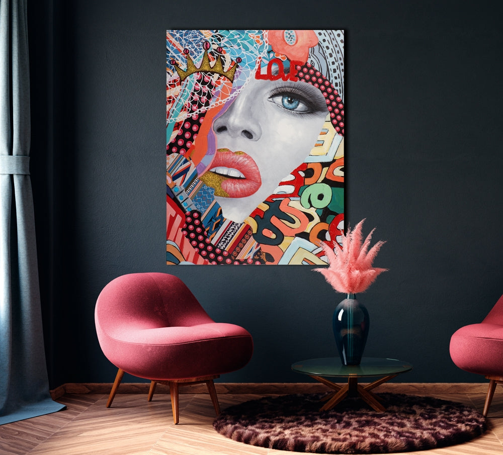 Giclée-/ Acrylgemälde mit Effekt-Glitter auf Leinwand „Pop Art Dame“ - houseofhome24