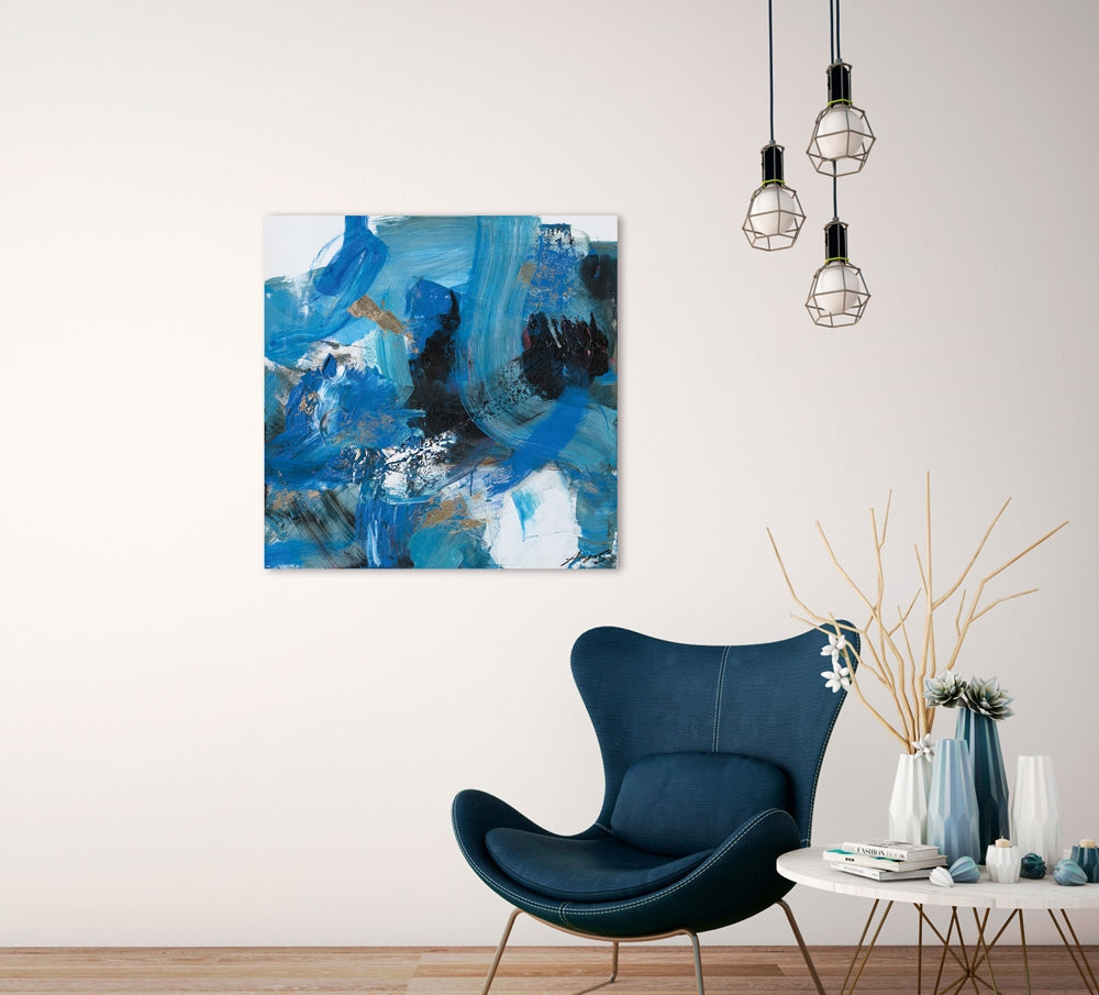 Handgemaltes Giclée-/Acrylgemälde auf Leinwand „Schwungvolle Variationen in Blau“ - houseofhome24