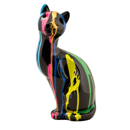 Handgemachte und einzigartige Kunststein Skulptur: „Sitzende bunte Katze 2“ - houseofhome24