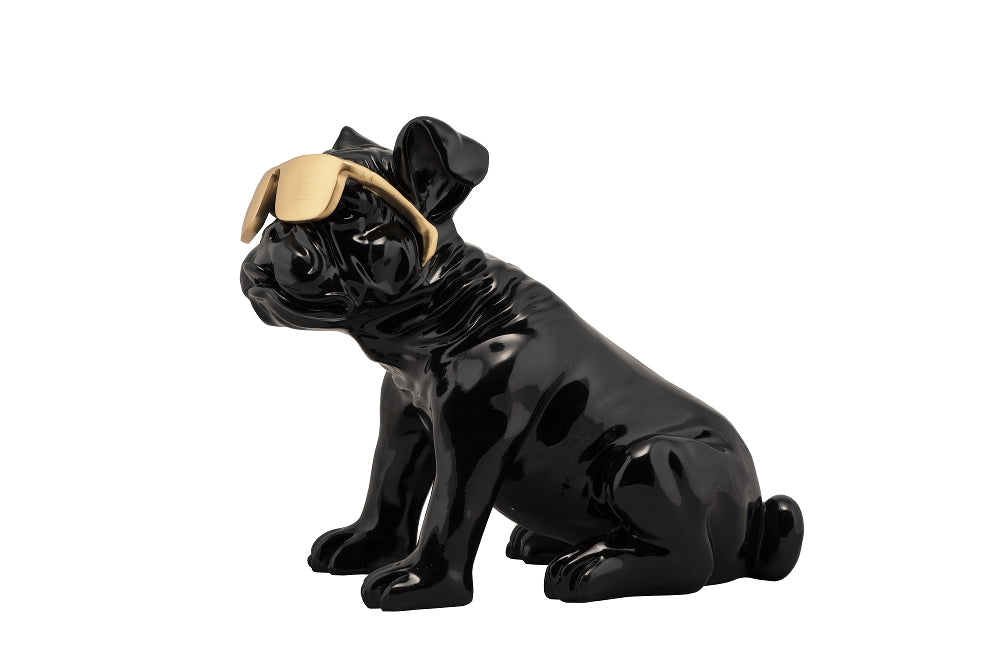 Handbemalte und einzigartige Kunststein Skulptur: „Bulldogge mit goldener Sonnenbrille“ - houseofhome24