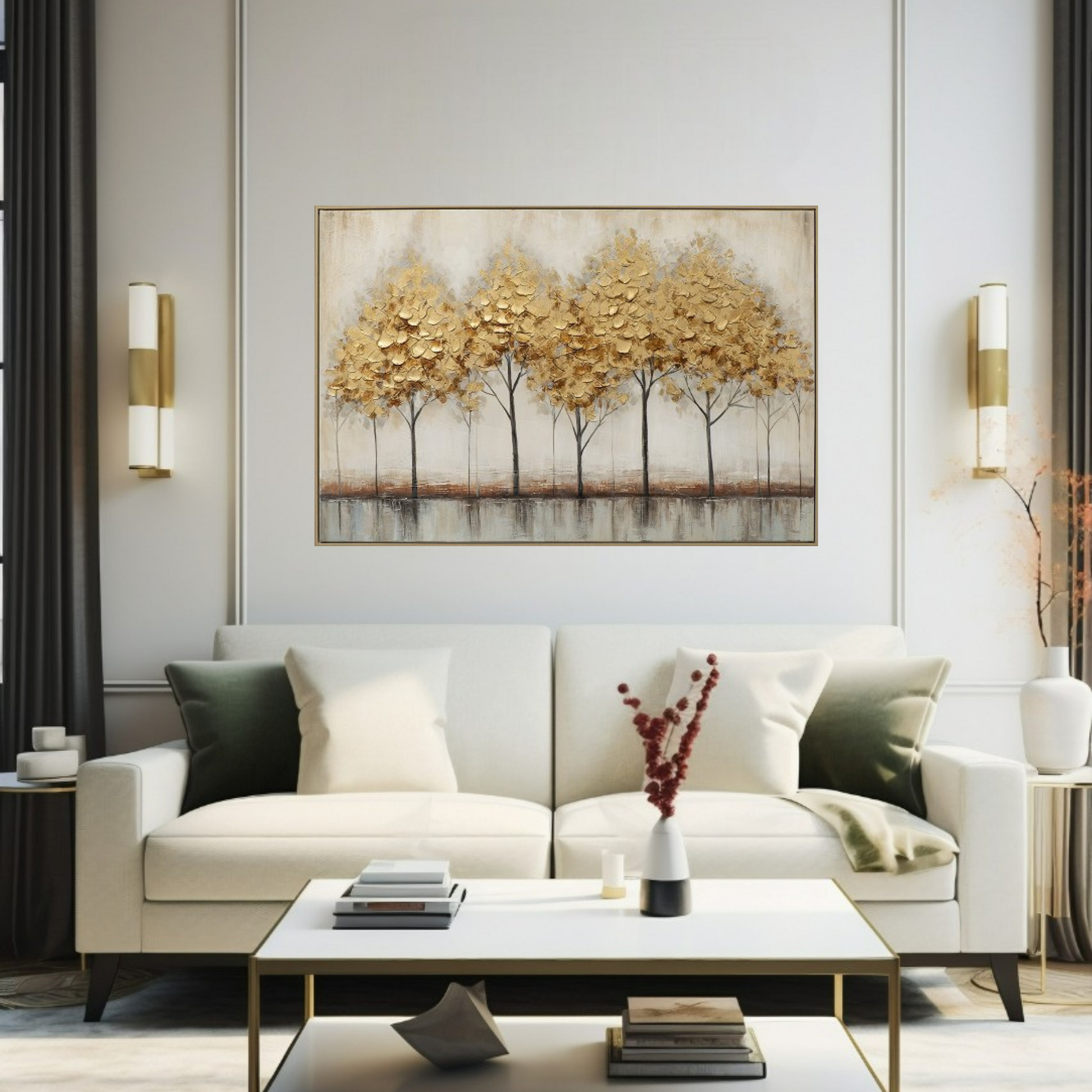 Handgemaltes Acrylbild auf Leinwand „Golden Trees“ | gerahmtes Wandbild mit Struktur für Wohnzimmer oder Büro - houseofhome24