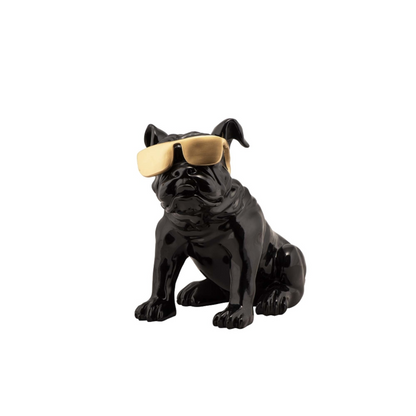 Handbemalte und einzigartige Kunststein Skulptur: „Bulldogge mit goldener Sonnenbrille“ - houseofhome24