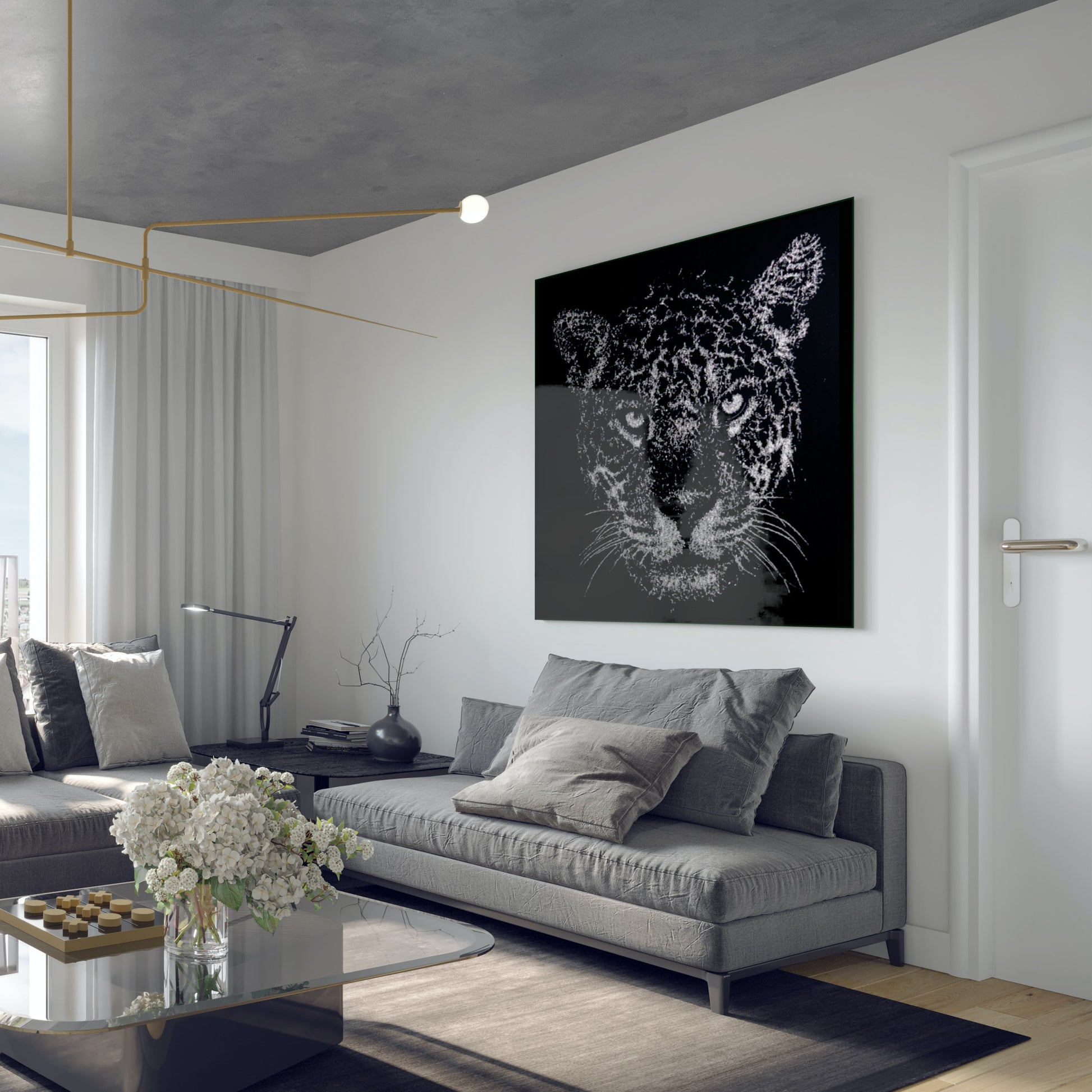 Luxeriöses Wandbild aus Glas „schleichender Jaguar” | Modernes Glasbruchgemälde mit Rahmen | Wandkunst aus Glas mit Rissen | Glass Crack wallart - houseofhome24